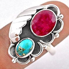 925 silver 5.78cts natural red ruby copper turquoise oval ring size 8.5 t86553