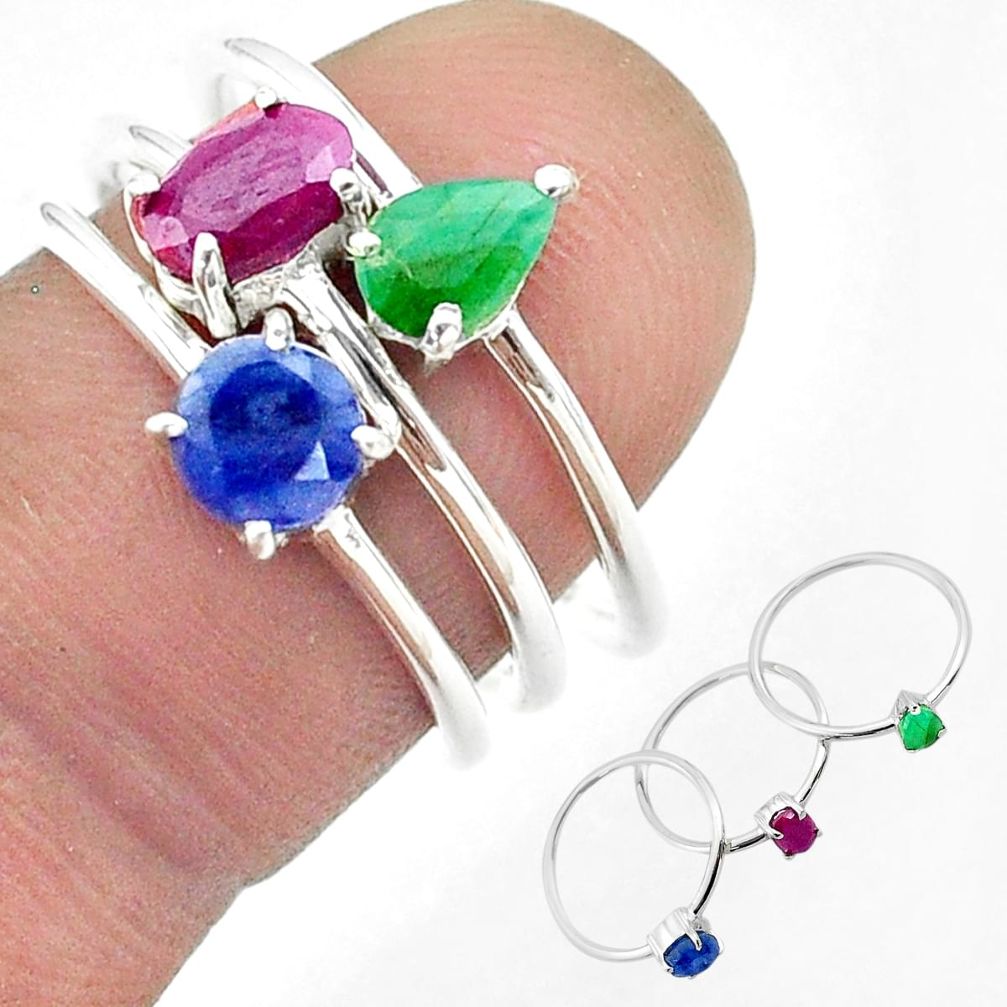 925 silver 3.09cts natural red ruby emerald sapphire 3 rings size 6.5 t50944