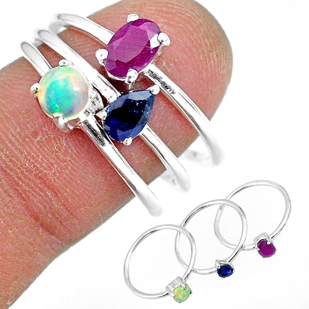 925 silver 3.42cts natural red ruby ethiopian opal 3 rings jewelry size 8 r92438