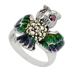 925 silver 0.27cts natural red ruby marcasite enamel owl ring size 6.5 c29698