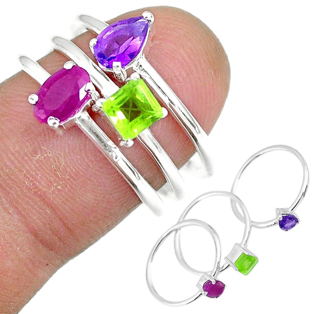 925 silver 3.28cts natural red ruby purple amethyst 3 rings size 6.5 r92448