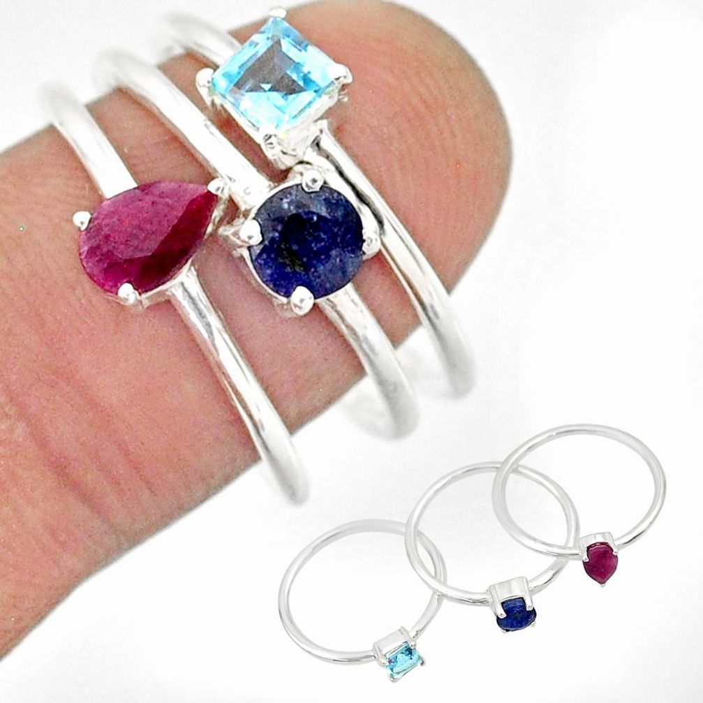 925 silver 3.42cts natural red ruby sapphire blue topaz 3 rings size 8 r85178