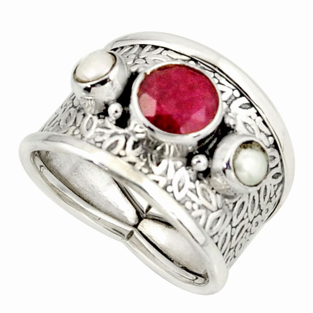 925 silver 4.71cts natural red ruby white pearl ring jewelry size 8 r37924