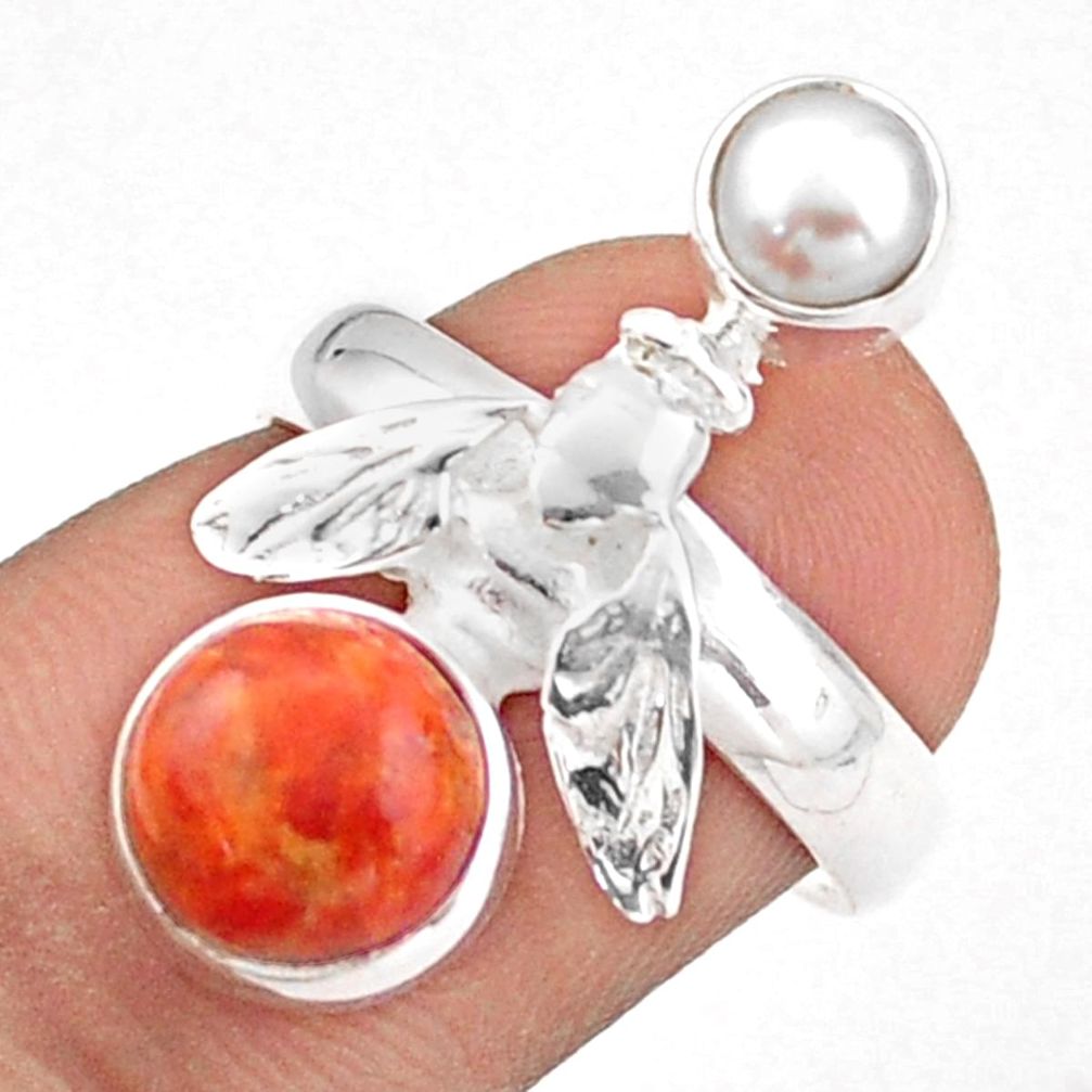 925 silver 3.86cts natural red sponge coral pearl honey bee ring size 6 u4940