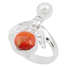 925 silver 3.67cts natural red sponge coral pearl honey bee ring size 8 t81404