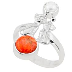 925 silver 4.22cts natural red sponge coral pearl two cats ring size 9 t81265
