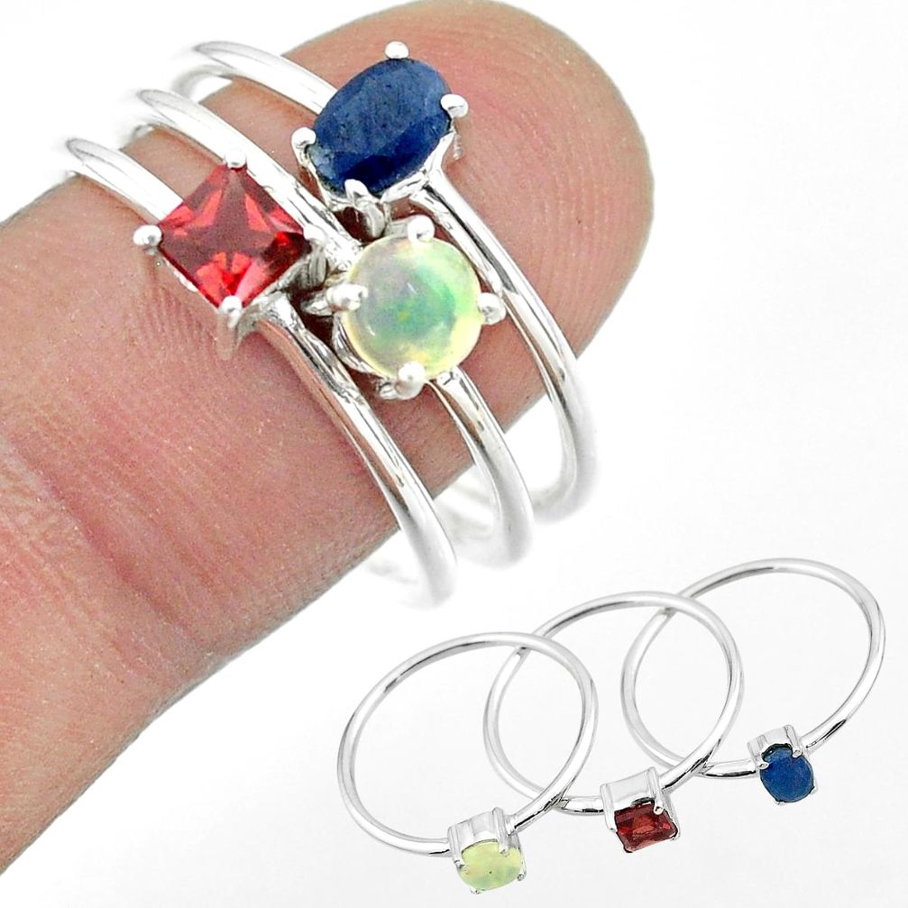 925 silver 3.14cts natural sapphire ethiopian opal garnet 3 rings size 9 t50996