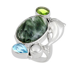 925 silver 13.09cts natural seraphinite peridot topaz dolphin ring size 6 y24260