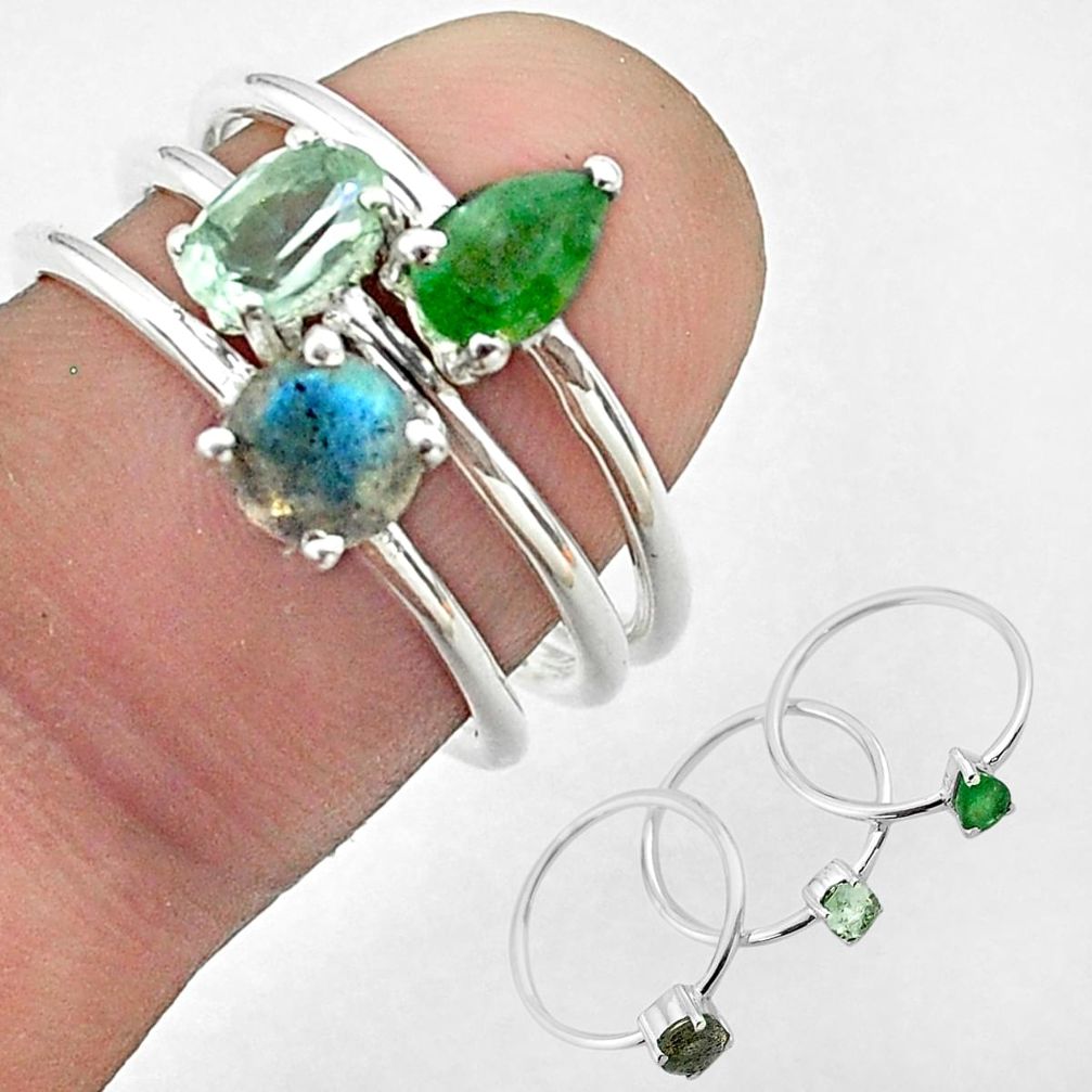925 silver 3.14cts natural topaz labradorite emerald 3 rings size 6.5 t50919