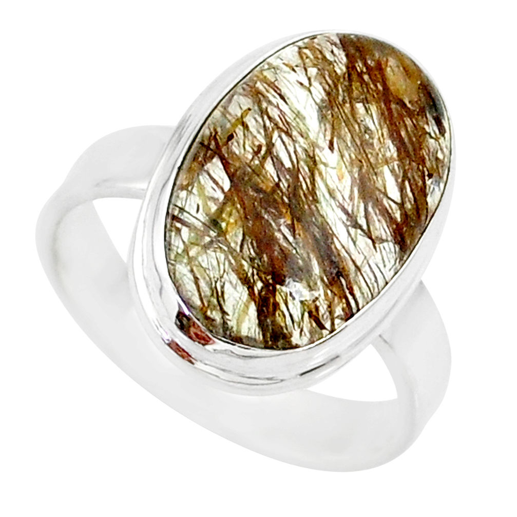 925 silver 9.91cts natural tourmaline rutile oval solitaire ring size 8.5 r85269