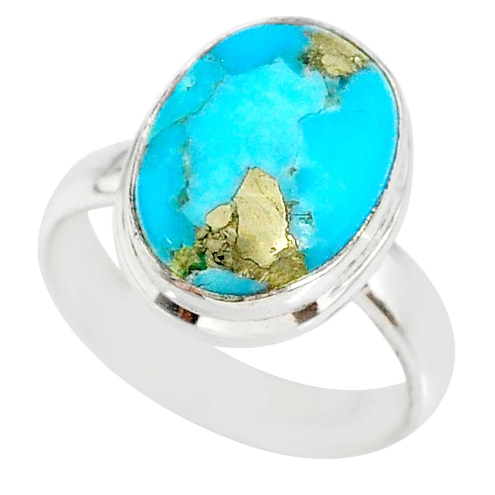 925 silver 6.26cts natural turquoise pyrite solitaire ring size 7 r78258