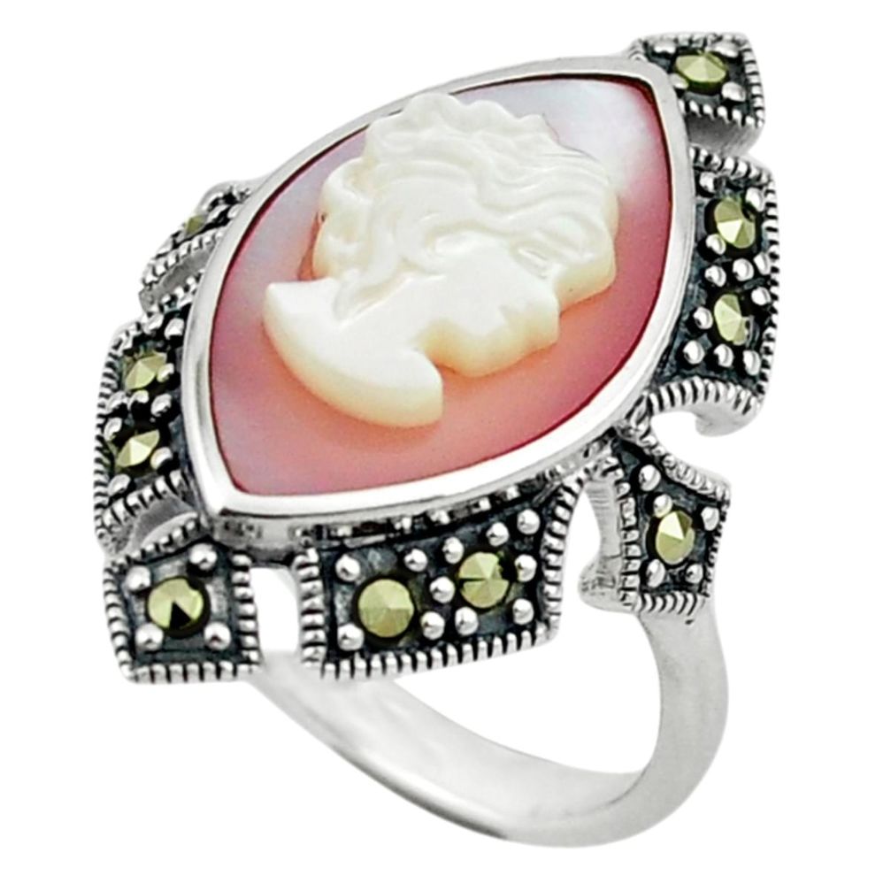 925 sterling silver natural white blister pearl marcasite ring size 8 c16366