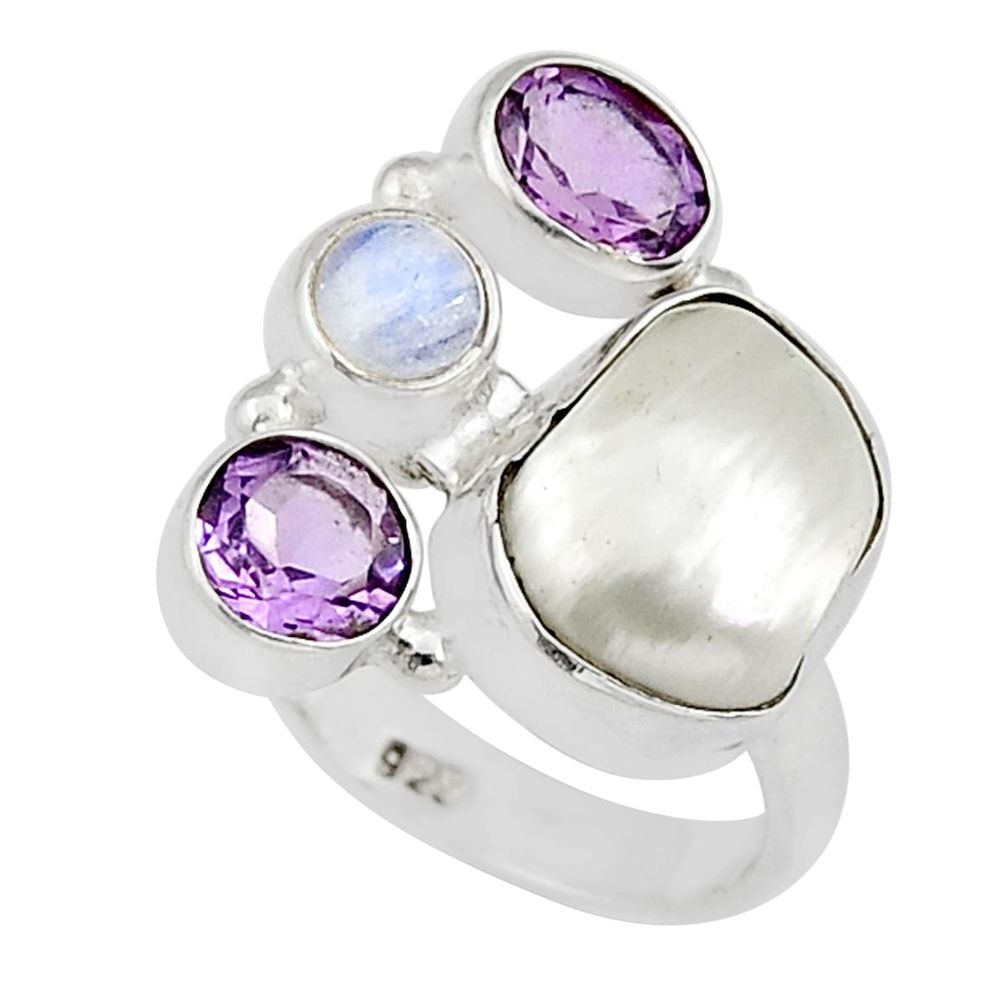 925 silver 9.84cts natural white pearl amethyst moonstone ring size 7 y23716