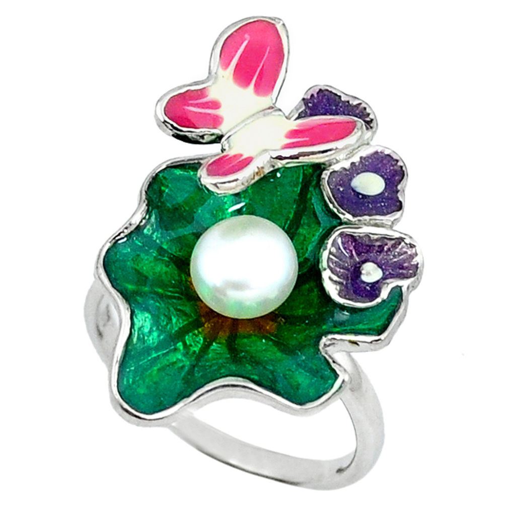 925 silver natural white pearl enamel butterfly ring jewelry size 7 c16775