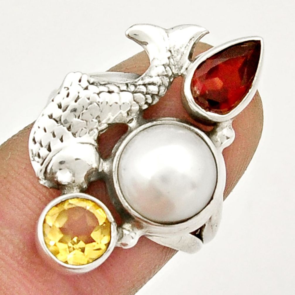 925 silver 6.72cts natural white pearl garnet citrine fish ring size 6 y3584