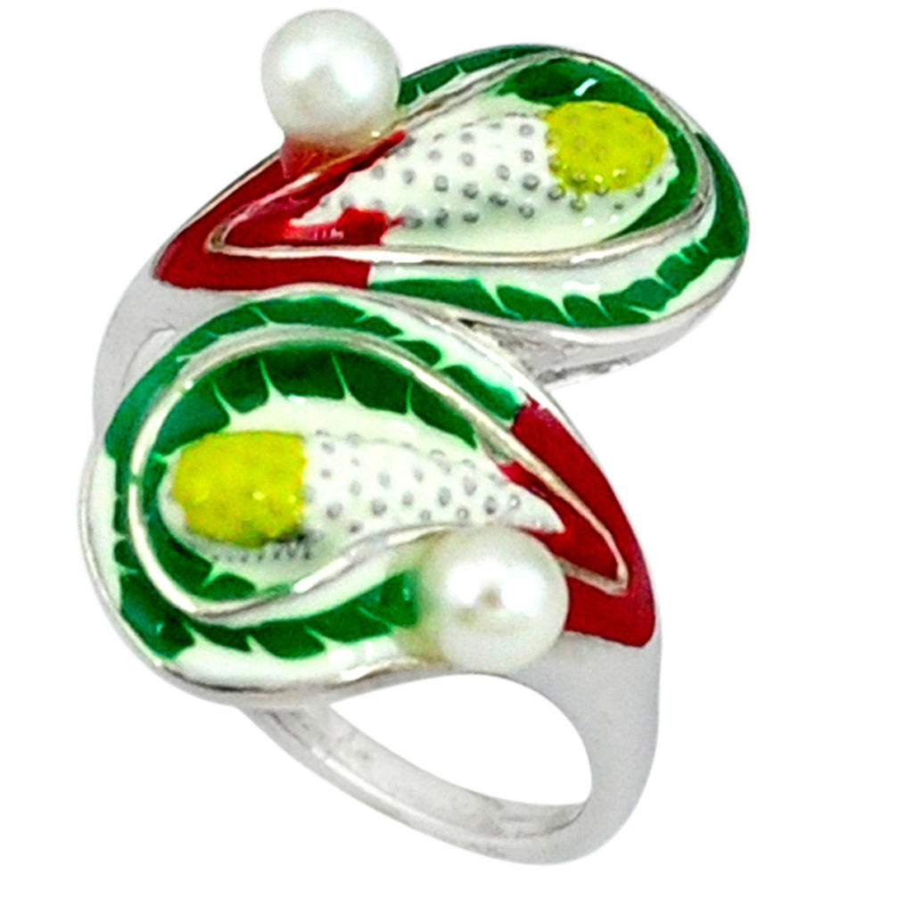 925 sterling silver natural white pearl multi color enamel ring size 8 c16782