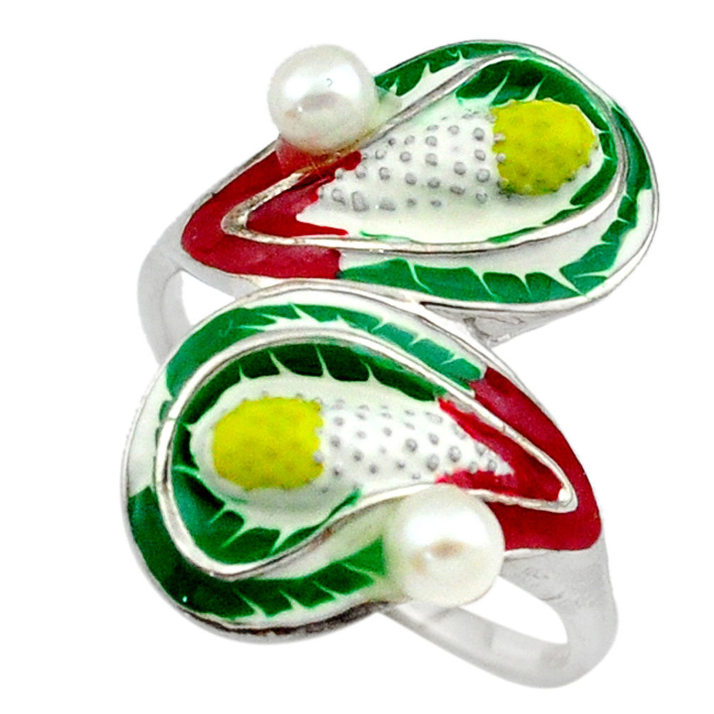 925 sterling silver natural white pearl multi color enamel ring size 9 c16781