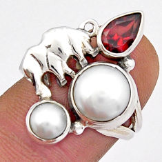 925 silver 7.04cts natural white pearl red garnet elephant ring size 6 y3619