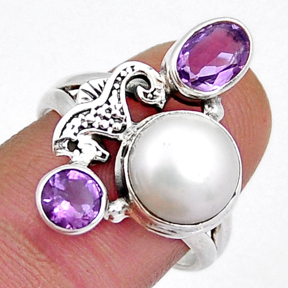 925 silver 6.16cts natural white pearl round amethyst seahorse ring size 8 y4230