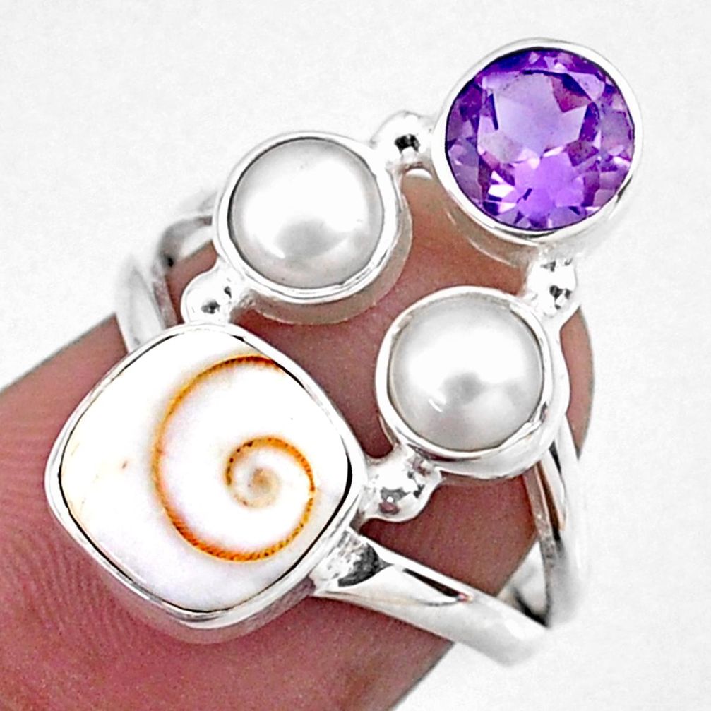 925 silver 6.48cts natural white shiva eye amethyst pearl ring size 6.5 r57596