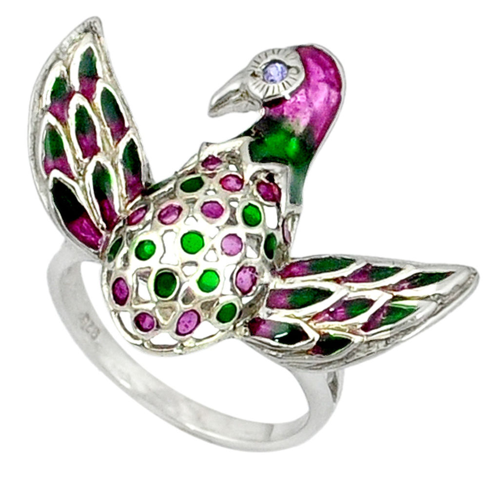 LAB 925 sterling silver natural white topaz enamel bird charm ring size 7 c16811