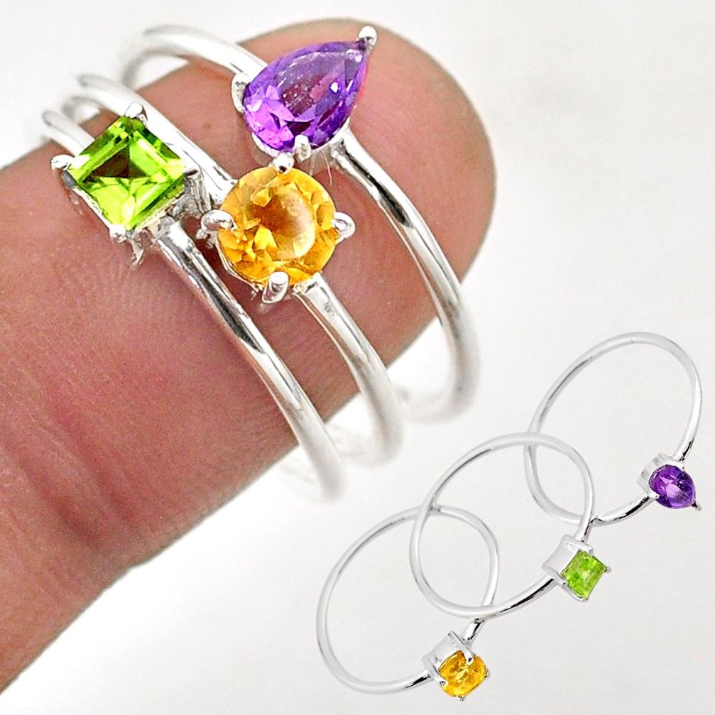 925 silver 2.98cts natural yellow citrine amethyst peridot 3 rings size 9 t74811