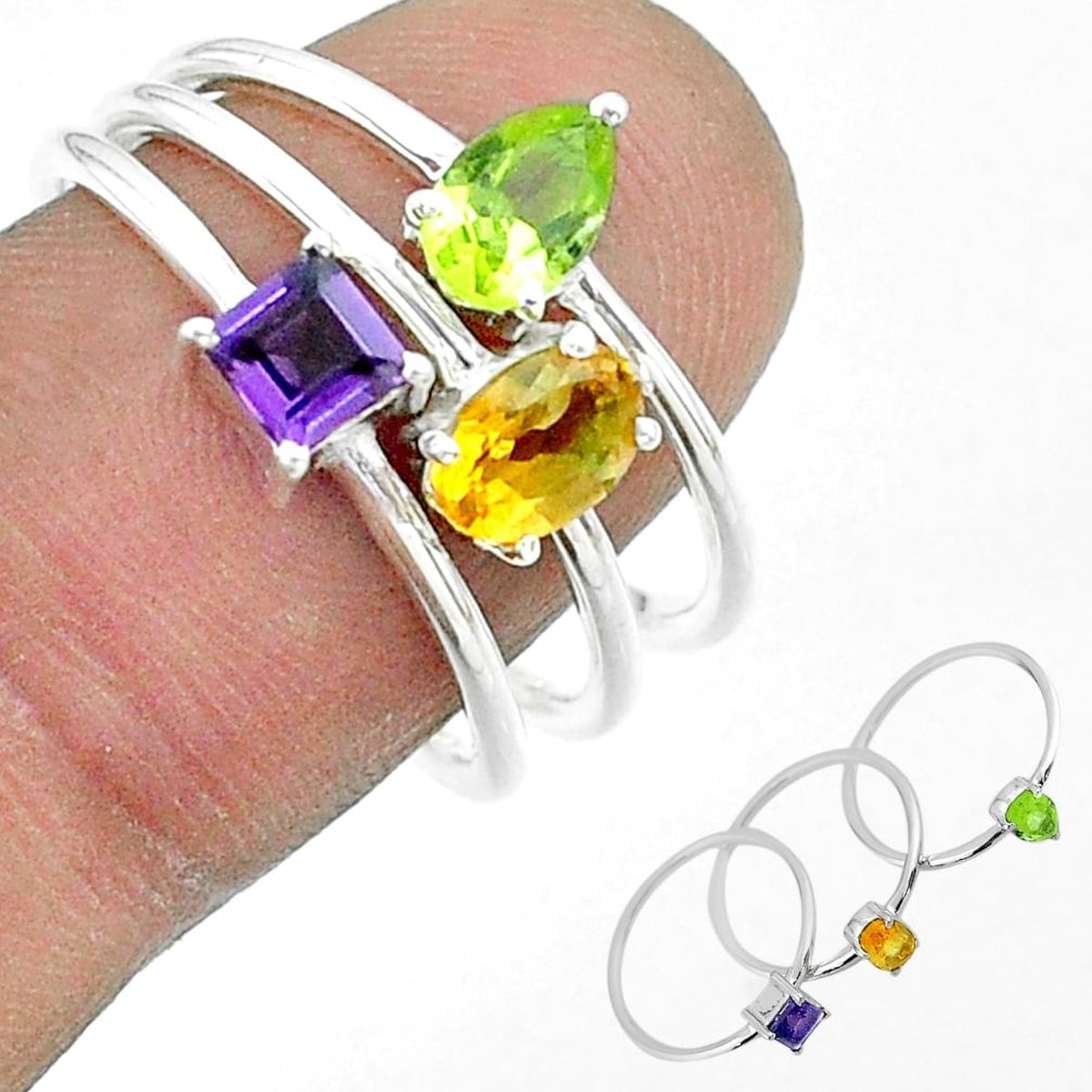 925 silver 2.98cts natural yellow citrine peridot amethyst 3 rings size 9 t51493