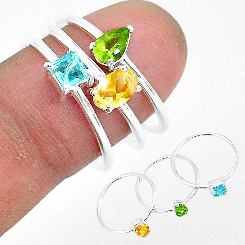 925 silver 2.76cts natural yellow citrine peridot topaz 3 rings size 8 r93110