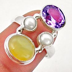 925 silver 7.58cts natural yellow olive opal amethyst pearl ring size 6 y15250