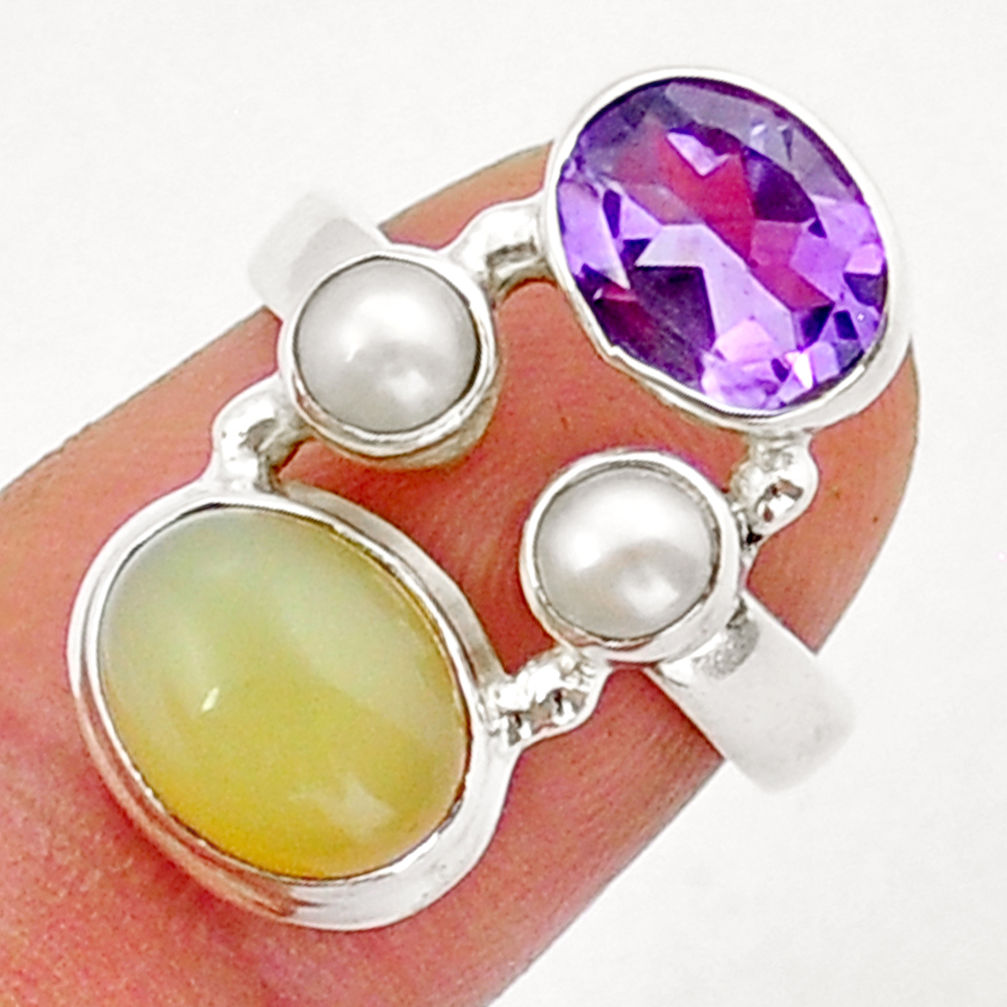 925 silver 7.87cts natural yellow olive opal amethyst pearl ring size 6 y15257