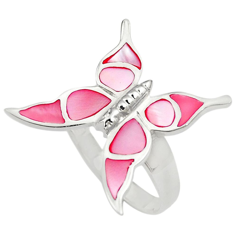 925 silver 5.87gms pink pearl enamel butterfly ring size 8.5 a92000 c13504