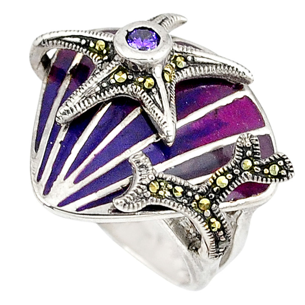 925 silver purple amethyst quartz round star fish ring jewelry size 6.5 c15981