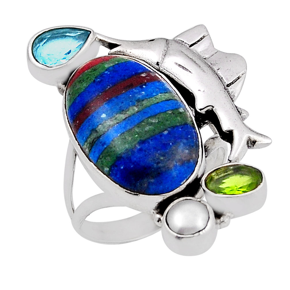 925 silver 13.79cts rainbow calsilica peridot topaz dolphin ring size 7 n28262