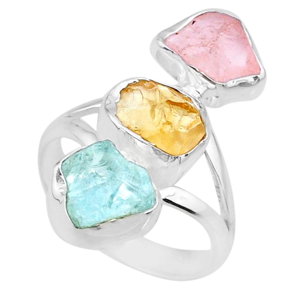 925 silver 12.06cts raw citrine aquamarine rose quartz raw ring size 8 r73759