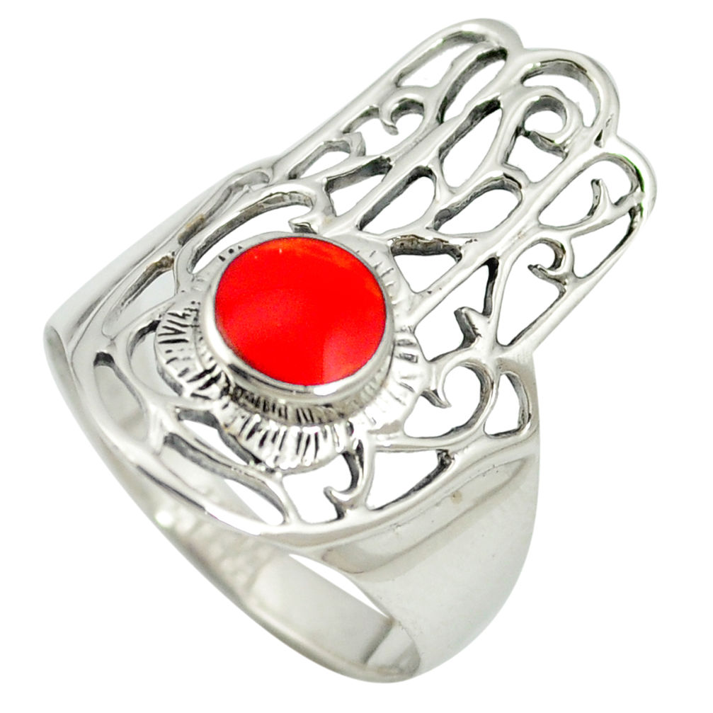 LAB 925 silver red coral enamel hand of god hamsa ring jewelry size 7.5 c11987