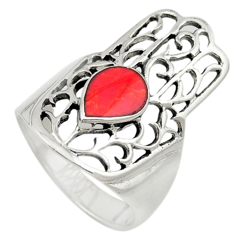 925 silver red coral enamel hand of god hamsa ring jewelry size 6.5 c21641