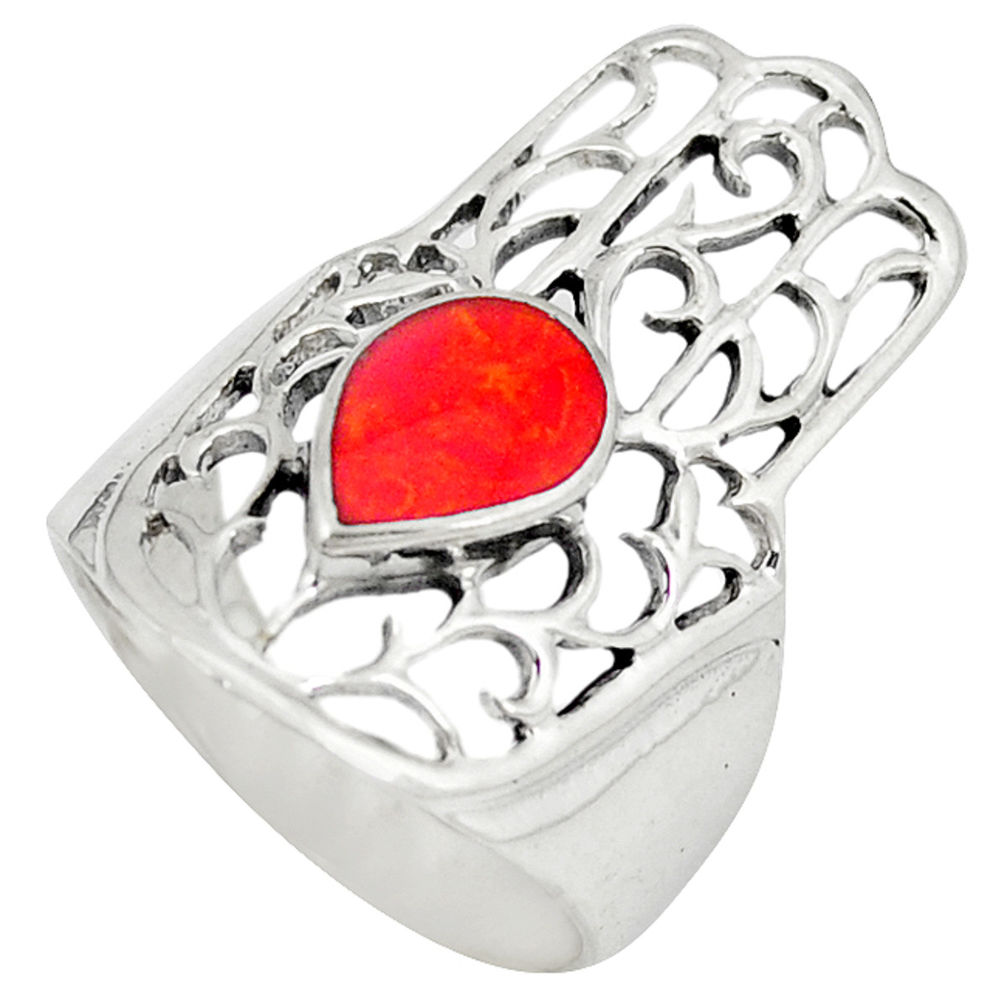 925 silver red coral enamel hand of god hamsa ring jewelry size 6 c11989
