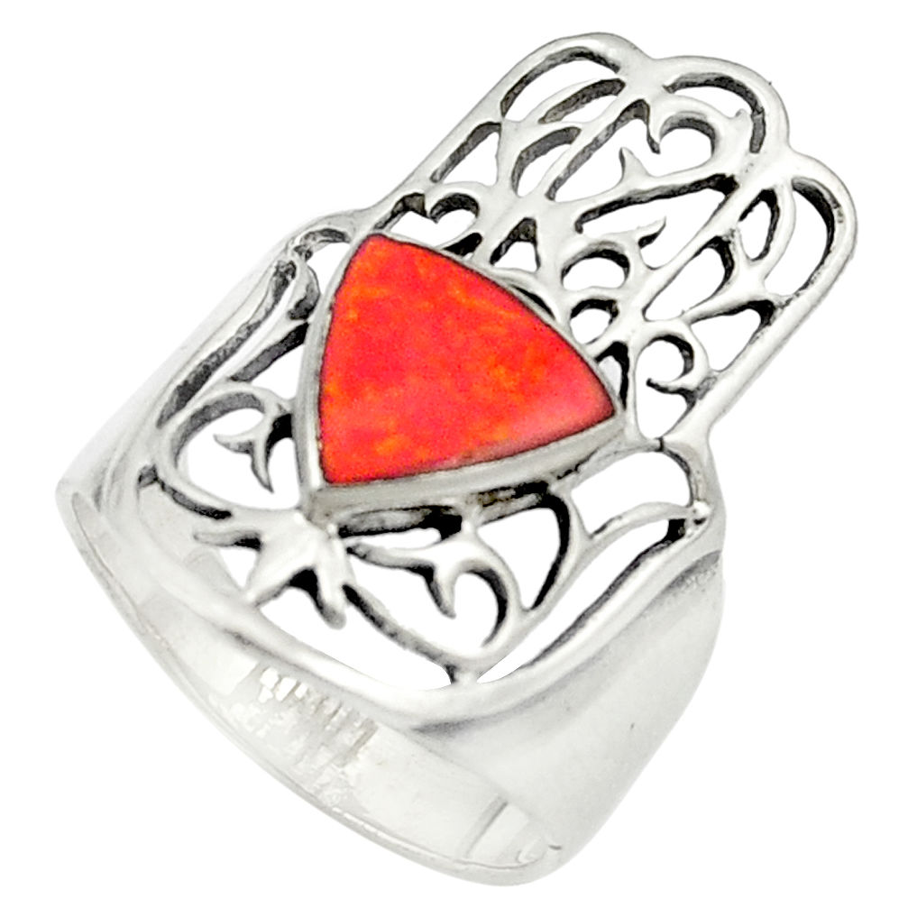 LAB 925 silver red coral enamel hand of god hamsa ring jewelry size 7 c11983