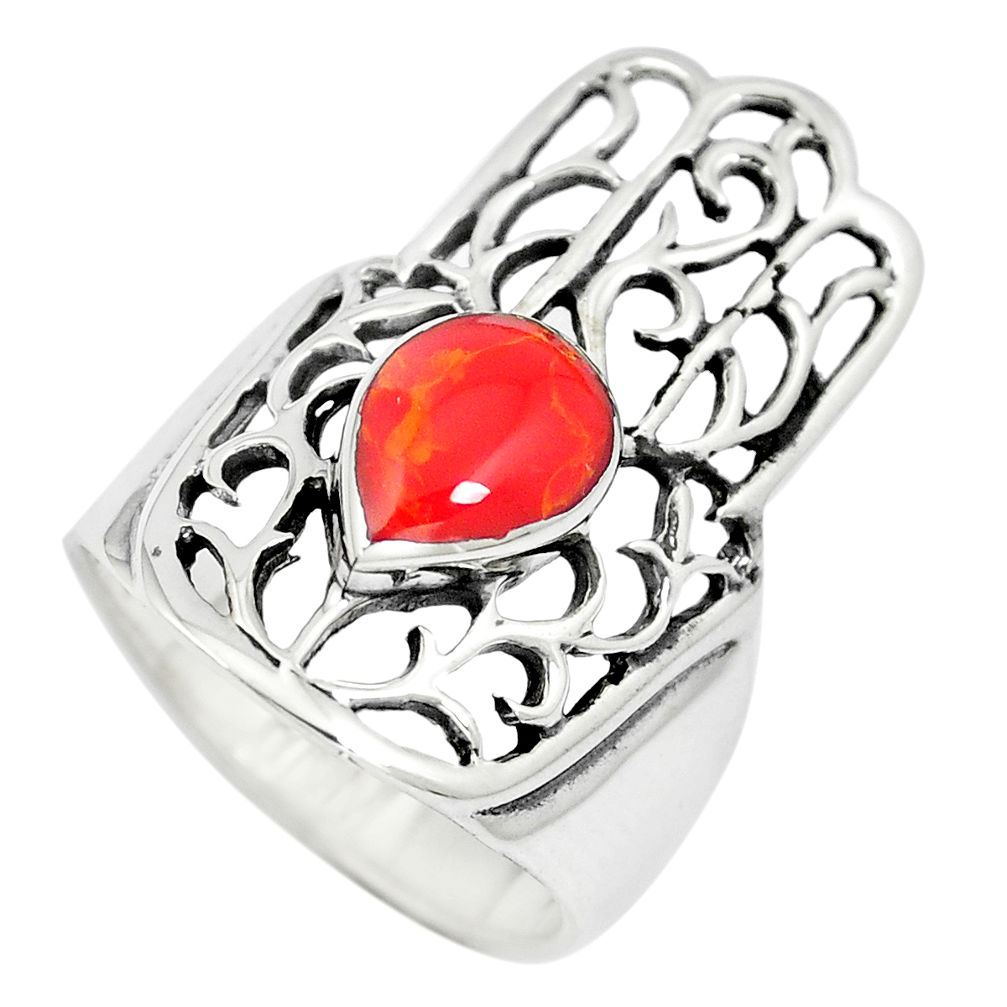 LAB 925 silver 4.65gms red coral enamel hand of god hamsa ring size 6 c12801