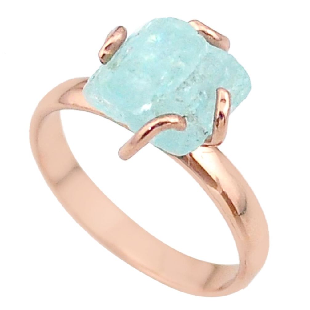 925 silver 5.96cts solitaire aquamarine rough 14k rose gold ring size 9 t36859