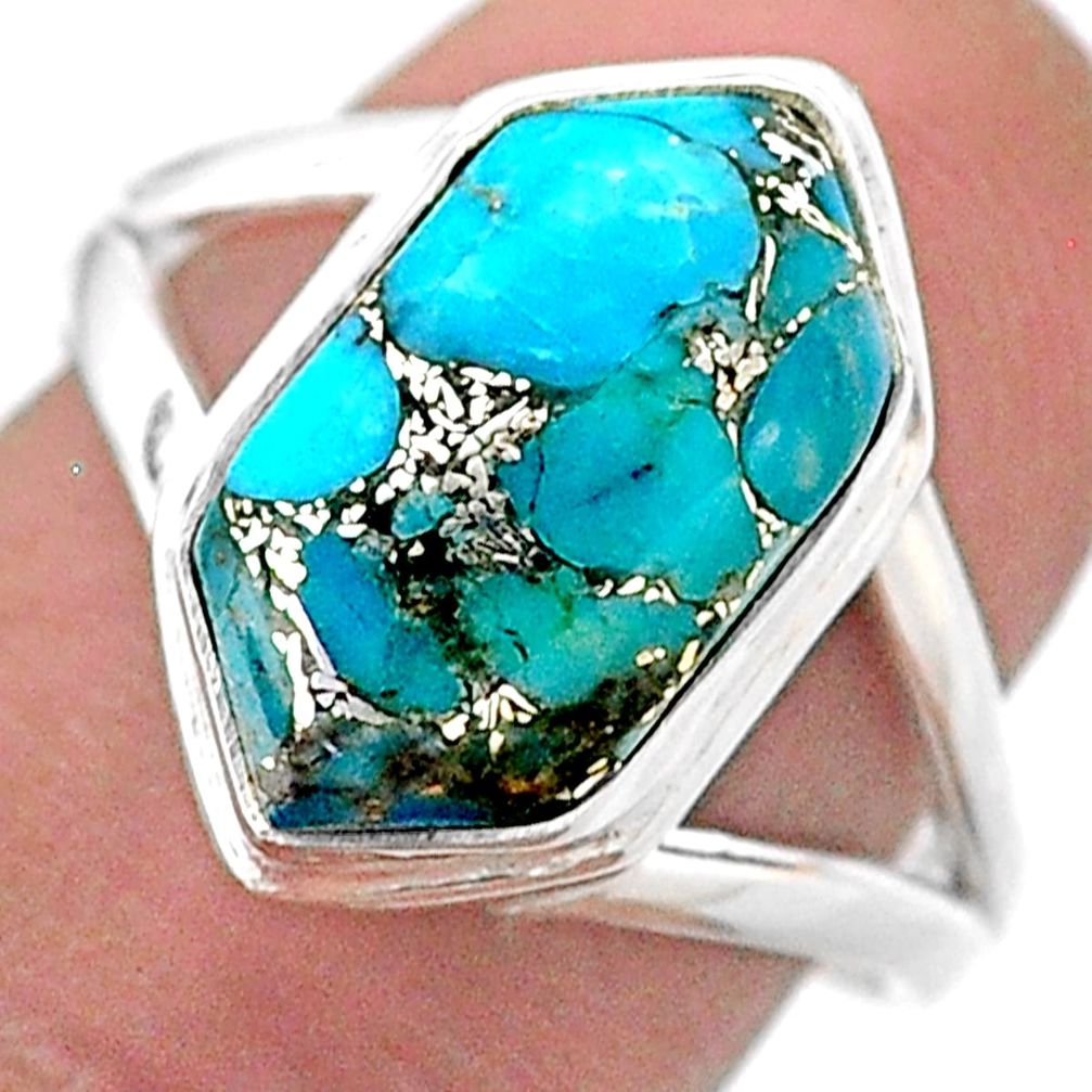 925 silver 6.36cts solitaire blue copper turquoise hexagon ring size 8.5 t48508