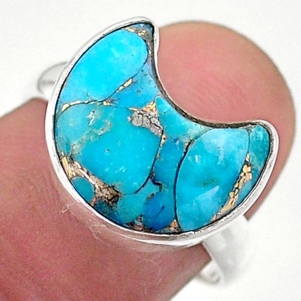 925 silver 5.53cts solitaire blue copper turquoise moon ring size 7.5 t47798