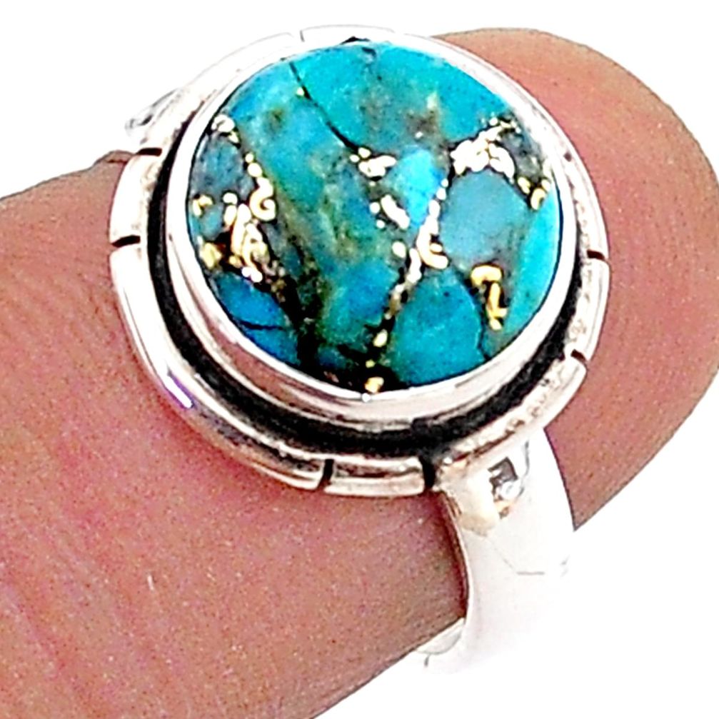 925 silver 4.65cts solitaire blue copper turquoise round ring size 6.5 t65696