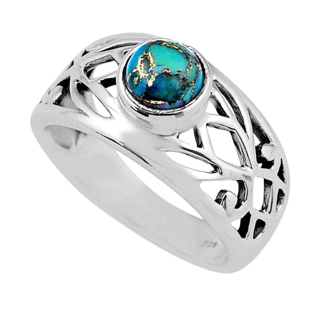 925 silver 1.05cts solitaire blue copper turquoise round ring size 6.5 y37296