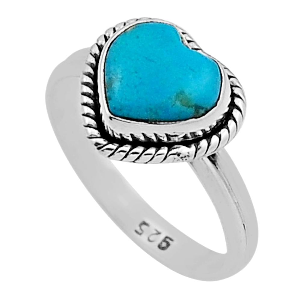 925 silver 2.72cts solitaire blue kingman turquoise heart ring size 5.5 n18072