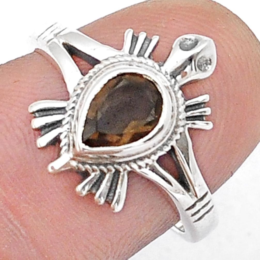 925 silver 1.51cts solitaire brown smoky topaz pear tortoise ring size 7 d50787