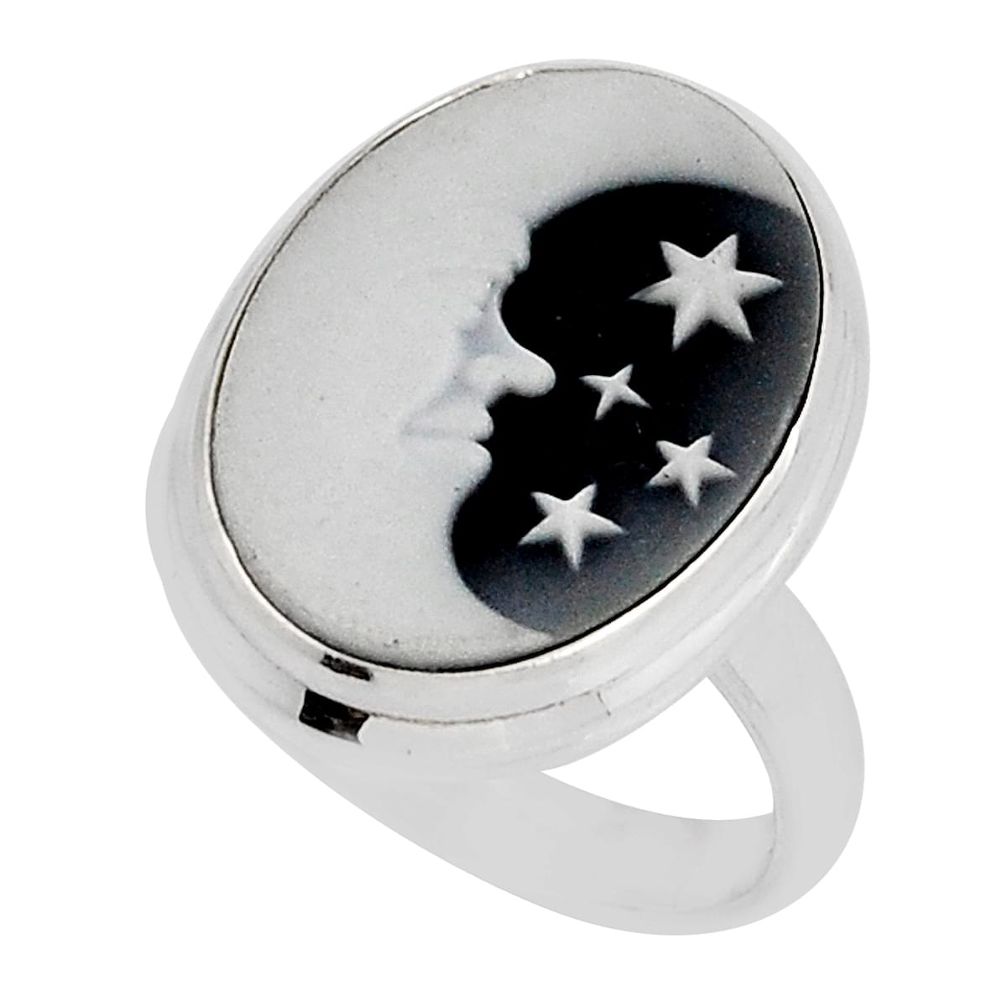 925 silver 9.59cts solitaire crescent moon star cameo oval ring size 5.5 y49626