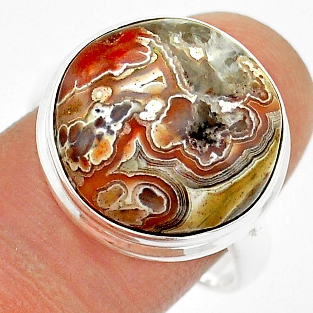 925 silver 14.02cts solitaire mexican laguna lace agate round ring size 9 u89304