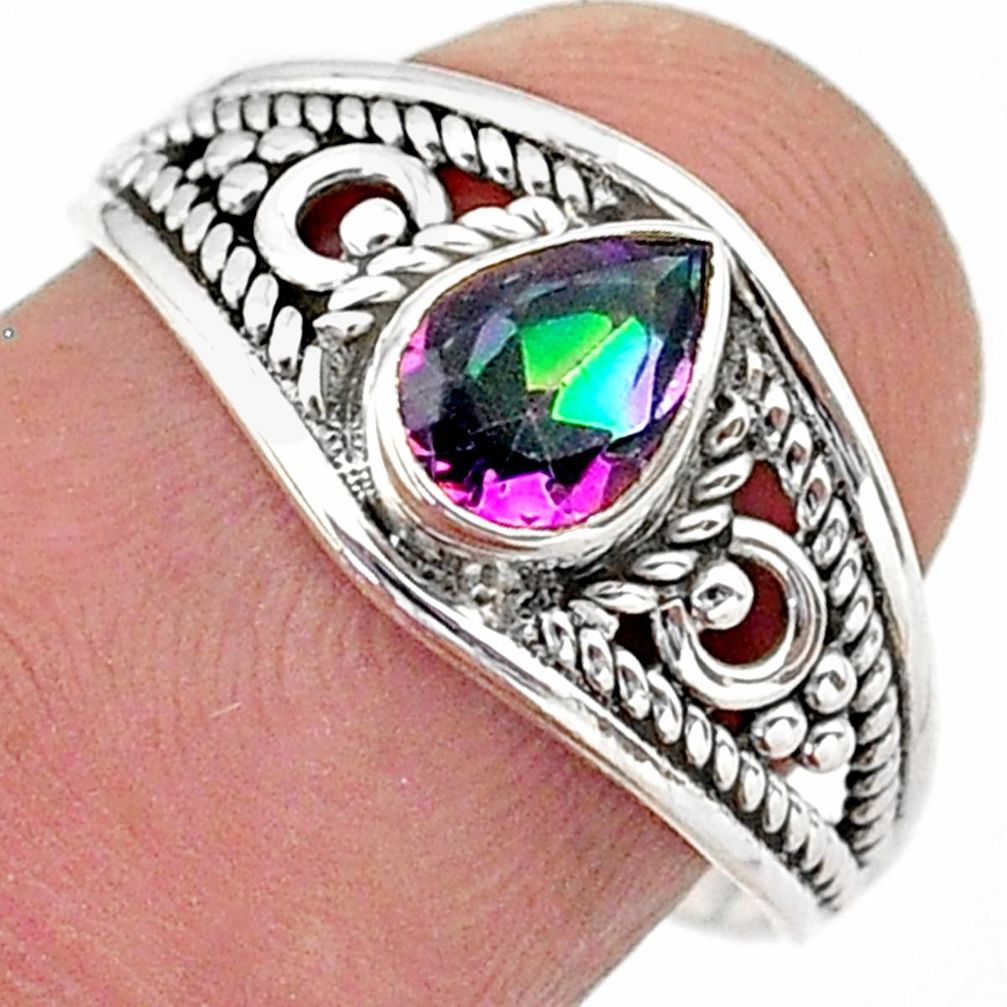 925 silver 1.58cts solitaire multi color rainbow topaz pear ring size 7.5 t40078