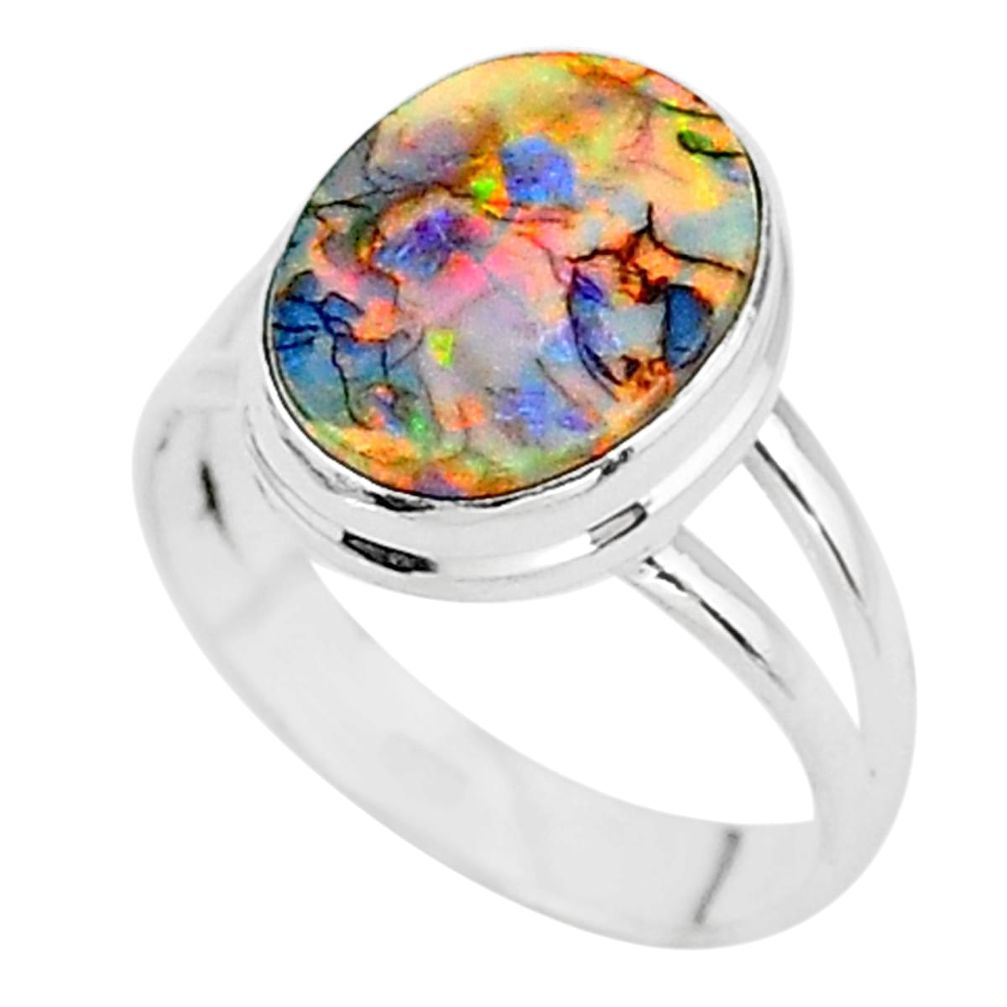 925 silver 3.12cts solitaire multi color sterling opal oval ring size 7 t13584